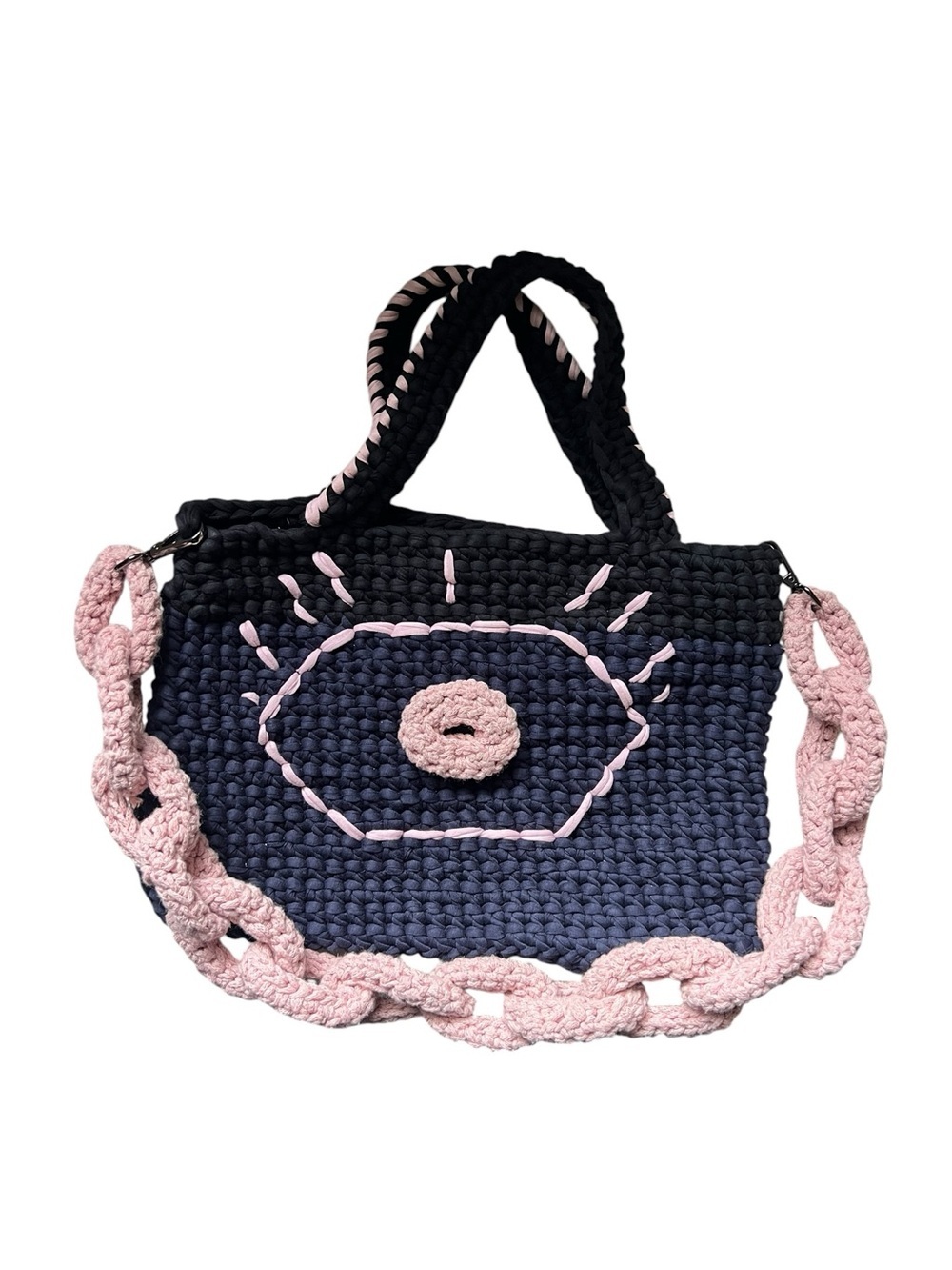 Steffy Handcrafted Kenza Crochet Chain Link Tote Bag Navy Blue Pink Edgy Boho